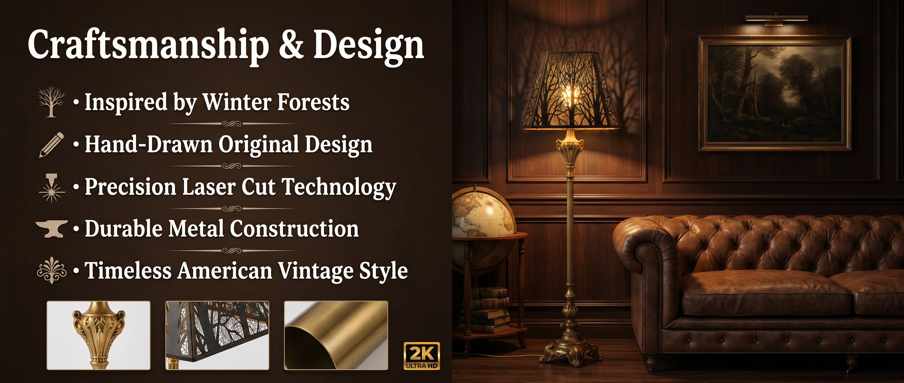 Lamp shades for large lamps crafted from durable metal with an original forest design and precision laser-cut construction