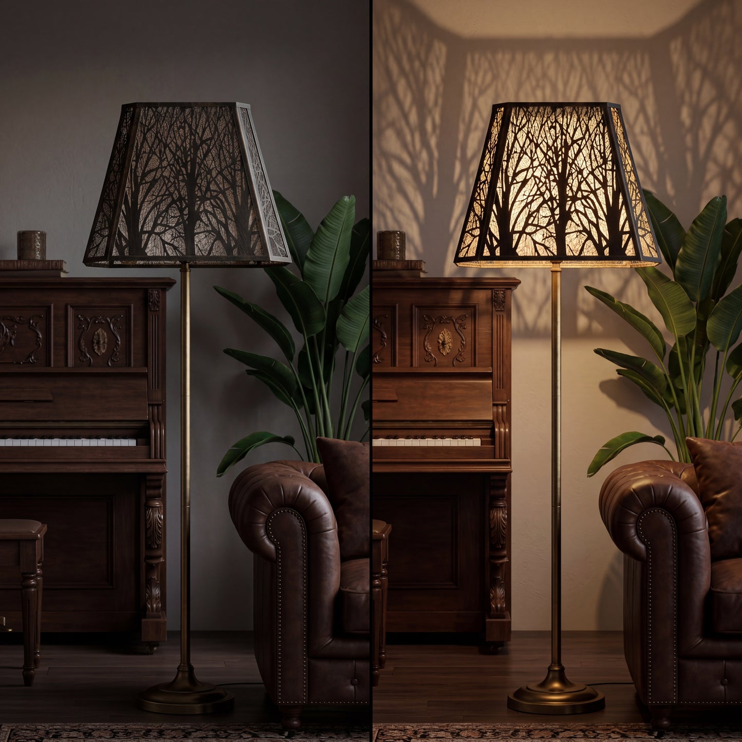Lamp shades for large lamps shown on and off, highlighting the warm glow and decorative tree shadow effect