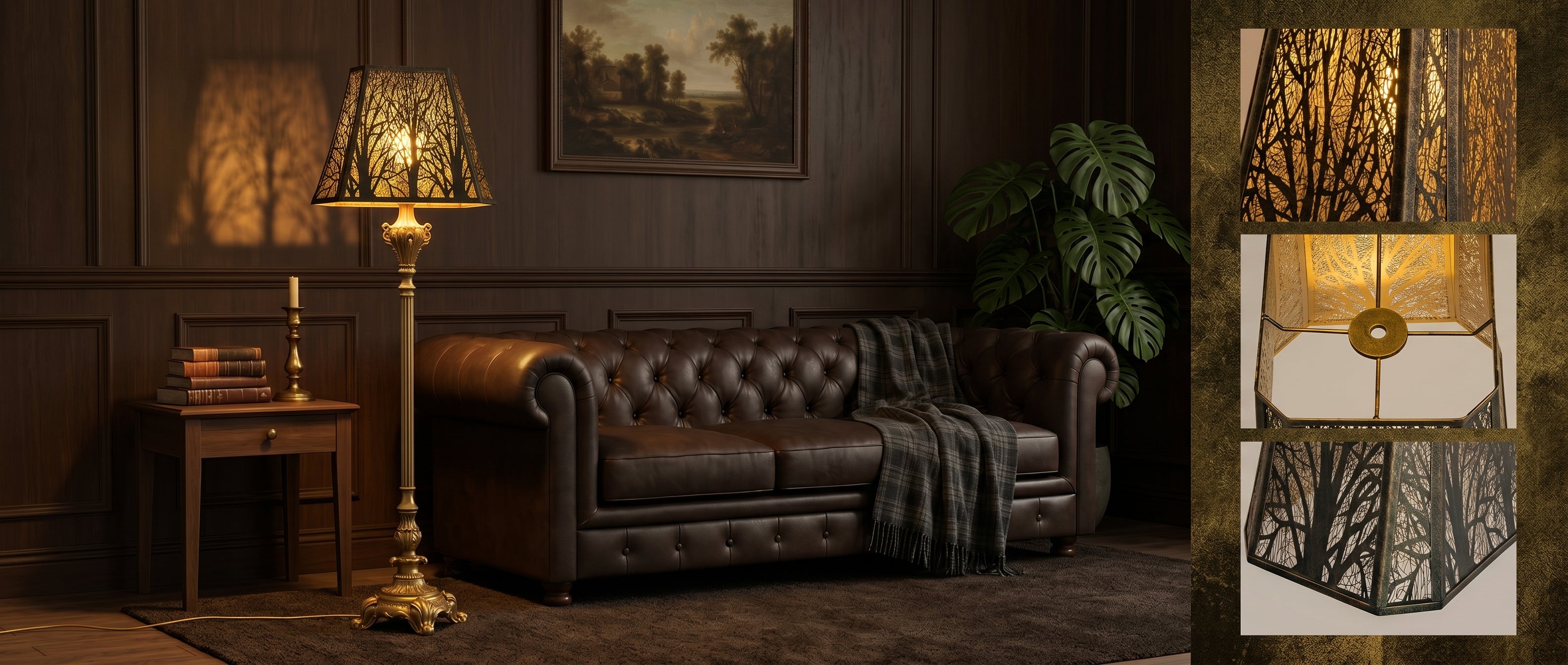 Large antique bronze metal lamp shade with forest cutout details, gold interior and spider fitter construction