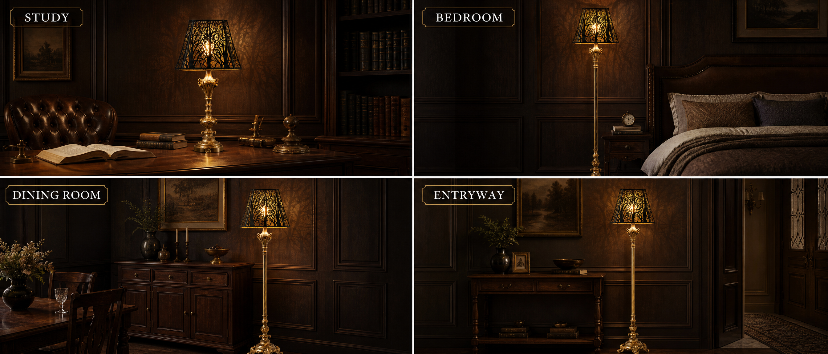 Lamp shades for large lamps used in a study, bedroom, dining room and entryway with warm decorative tree shadows