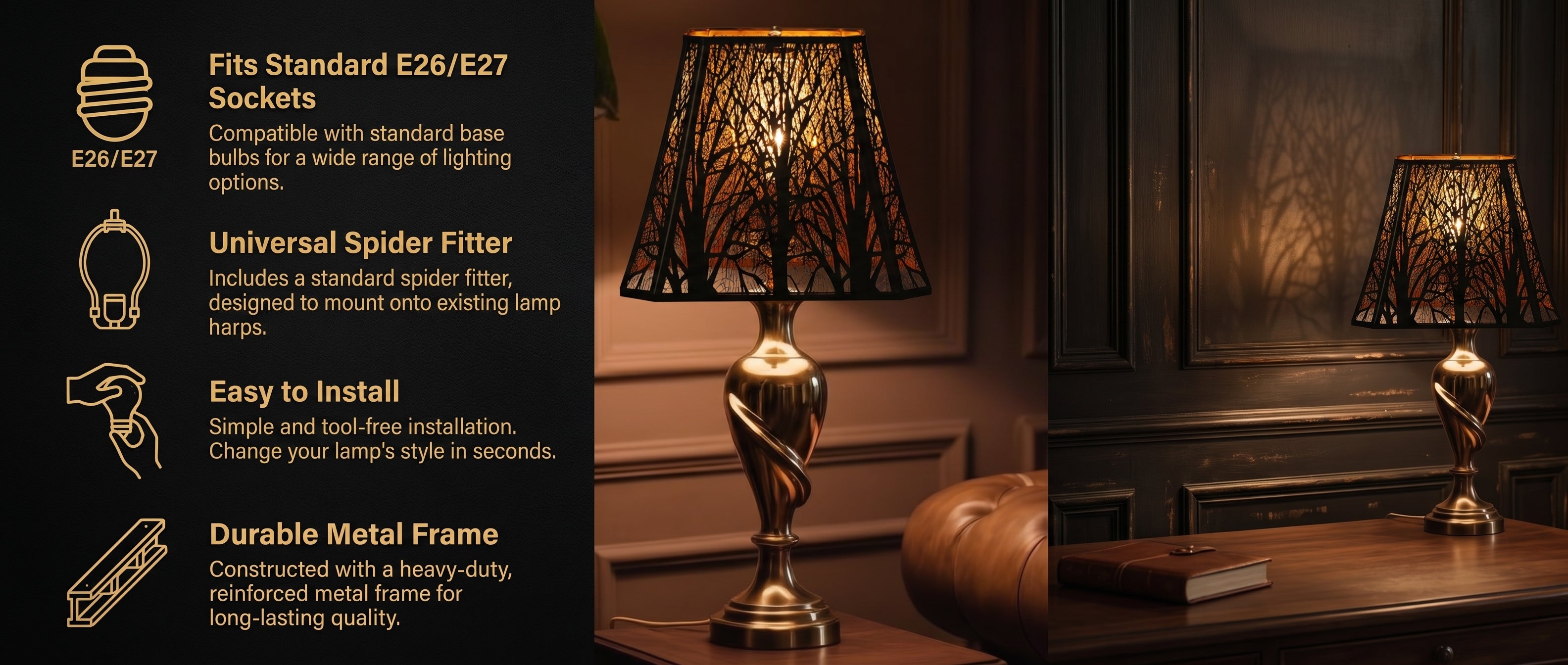 Large forest metal lamp shade with a universal spider fitter, durable frame and simple tool-free installation