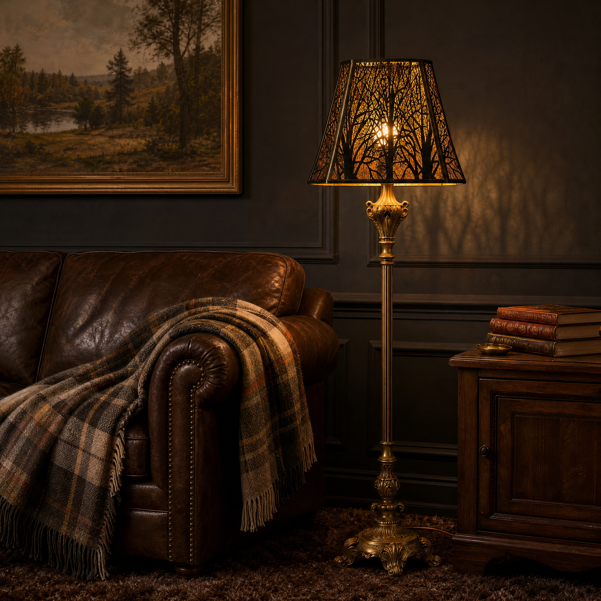 Lamp shades for large lamps displayed on a vintage bronze floor lamp beside a brown leather sofa in a cozy living room.