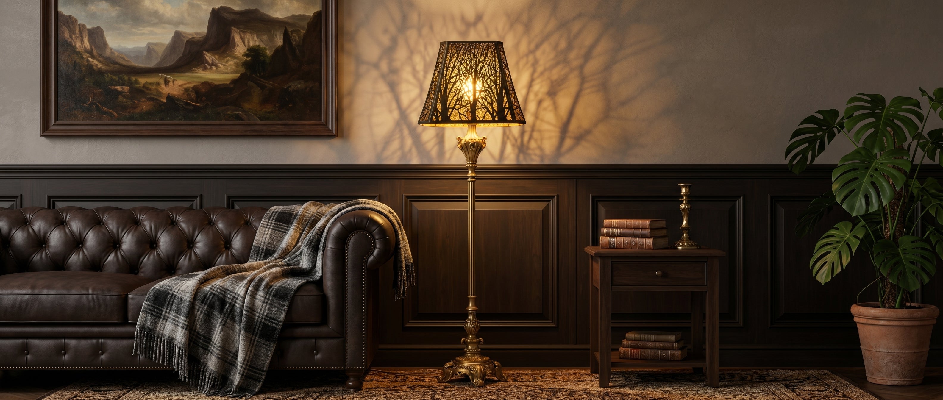 Lamp shades for large lamps displayed on a vintage brass floor lamp beside a brown leather sofa with warm forest shadows.