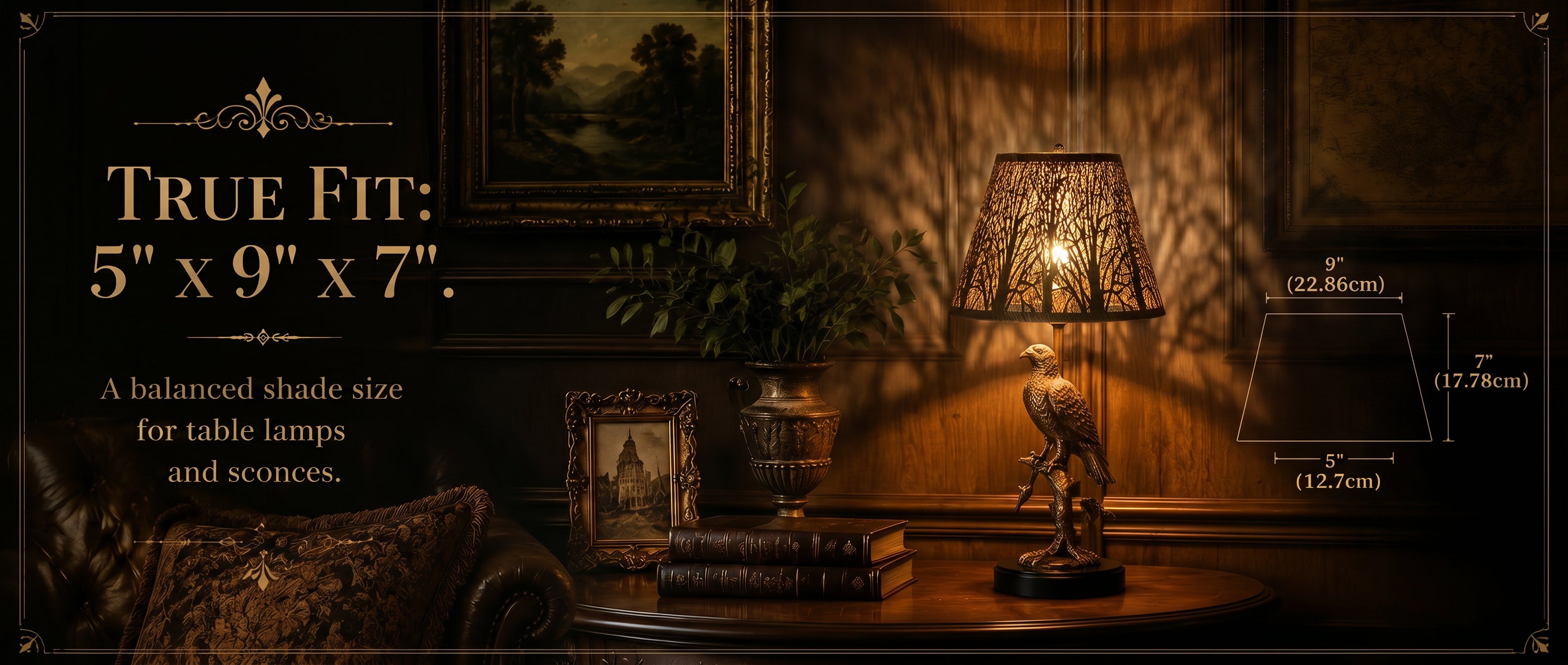 Lamp shades small size guide showing 5 inch top diameter, 9 inch bottom diameter, and 7 inch height for table lamps and wall sconces.