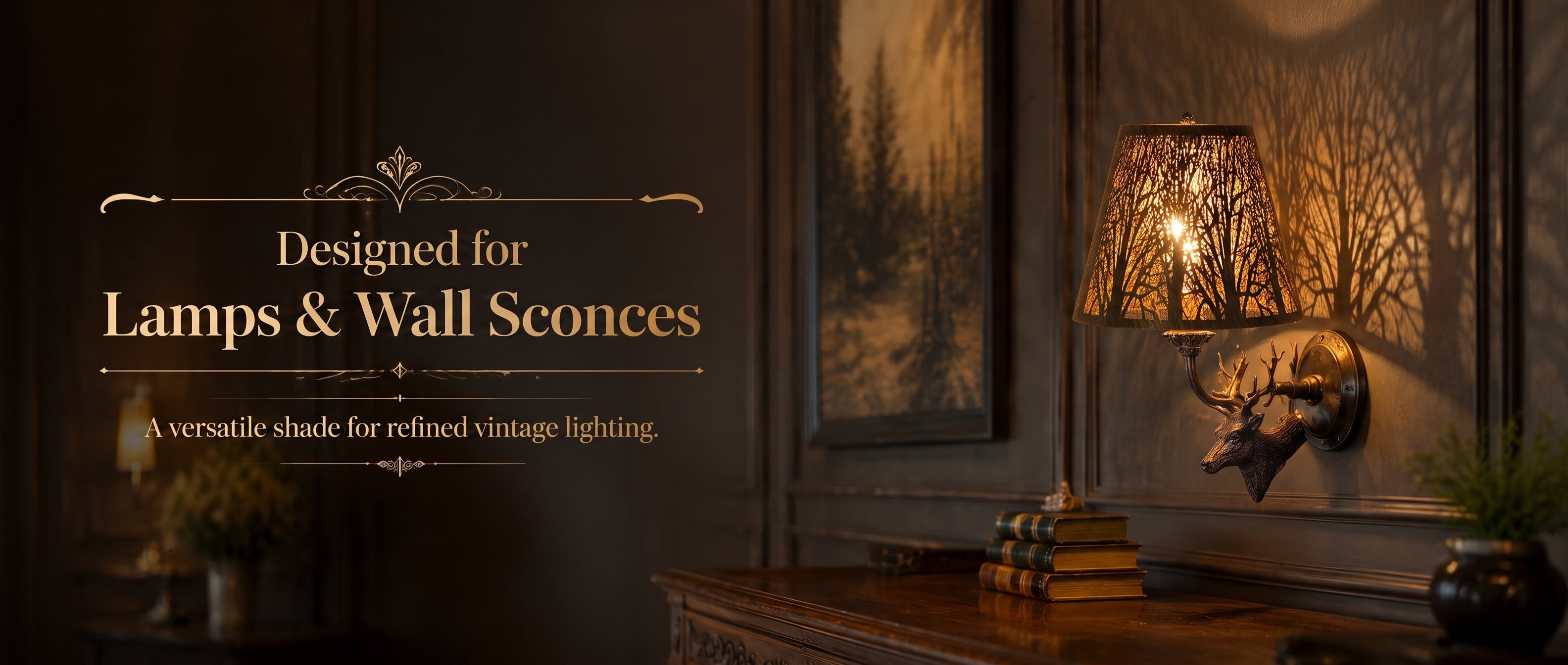 Lamp shades small used on a vintage wall sconce, creating warm decorative tree-pattern shadows for classic home interiors.