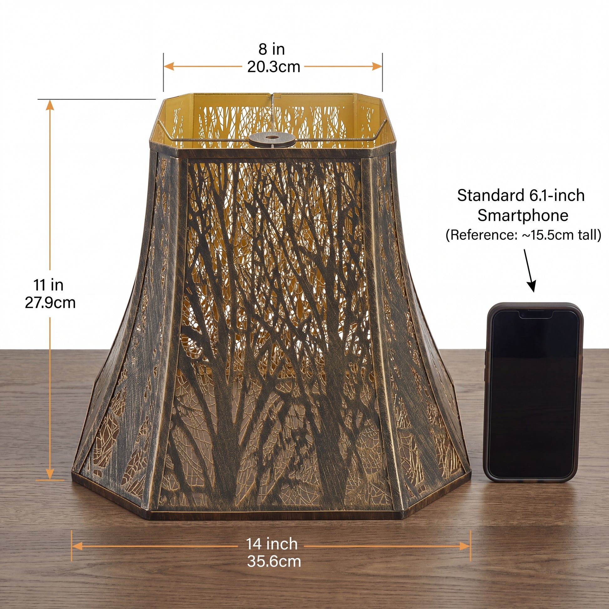 Lampshade size dimensions 8 inch top x 14 inch bottom x 11 inch height, square cut corner bell lamp shade with etched tree design size reference