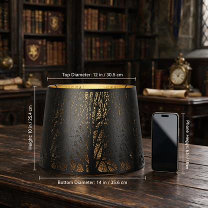 Large drum lampshade size comparison showing a 12-inch top, 14-inch bottom and 10-inch height beside a phone.