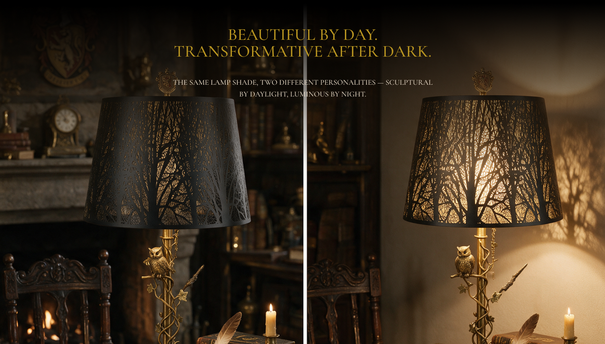 Large drum lampshade lighting comparison showing its black metal tree design when off and warm patterned illumination when switched on.