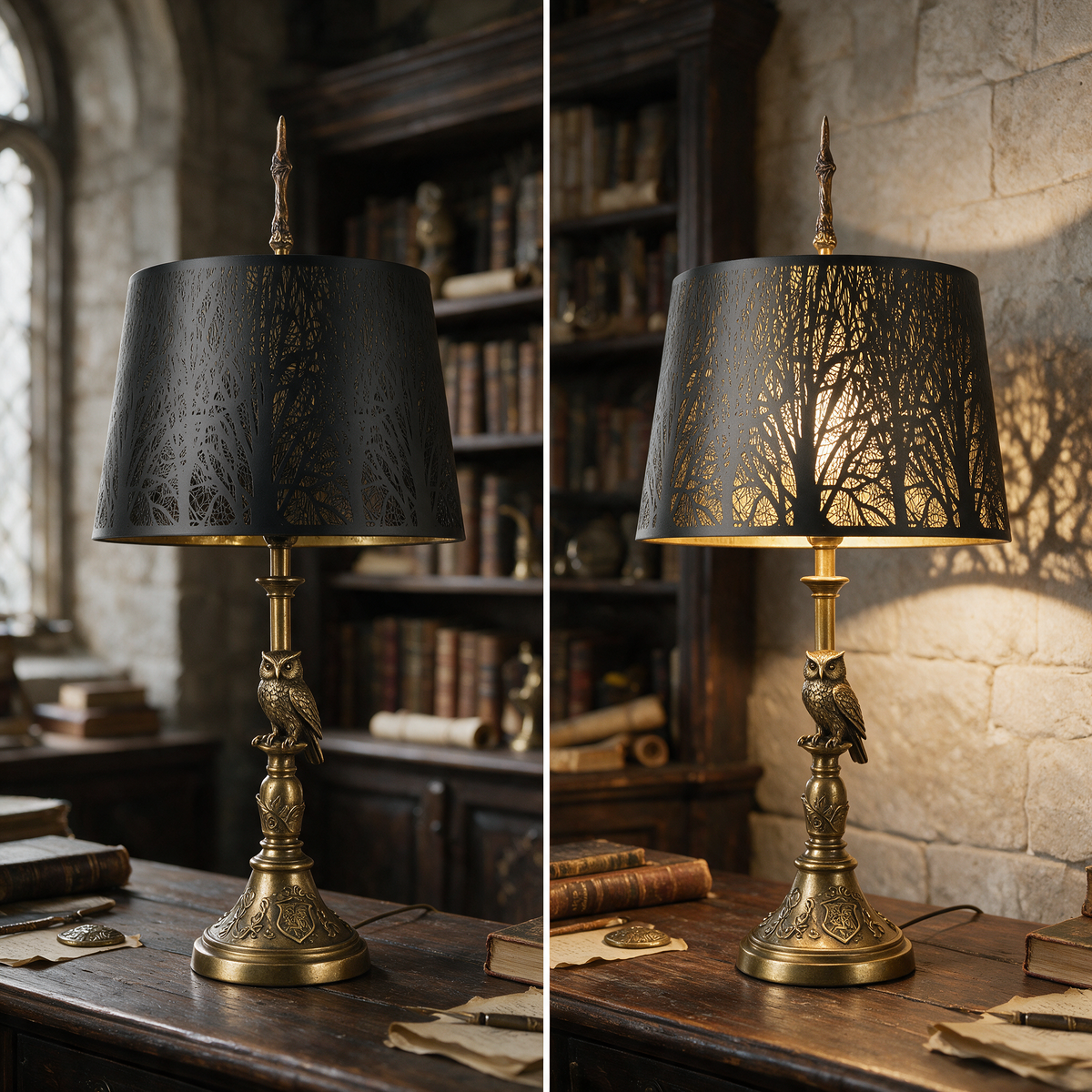 Large drum lampshade shown before and after lighting, featuring black metal tree cutouts and a warm gold interior.