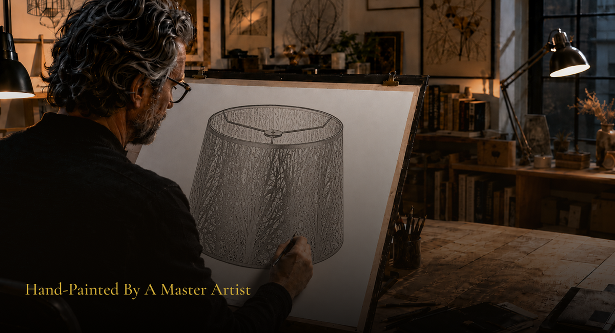 Original design sketch of a large drum lampshade featuring detailed etched forest tree patterns and a spider fitter structure.