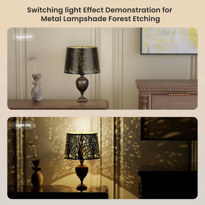 Large drum metal lampshade size reference showing 12 by 14 by 10 inch dimensions for fixture compatibility