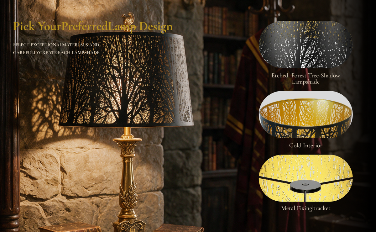 Close-up details of a large drum lampshade showing etched tree patterns, a reflective gold interior and spider fitter bracket.