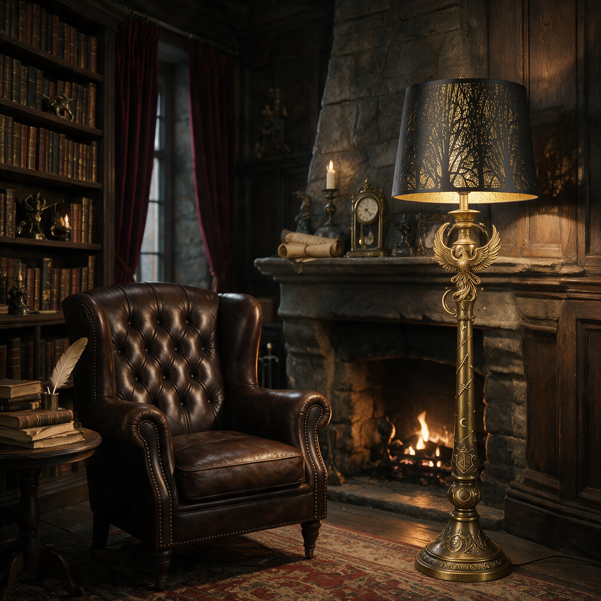 Large drum lampshade with illuminated forest cutouts displayed on a brass floor lamp beside a leather reading chair.