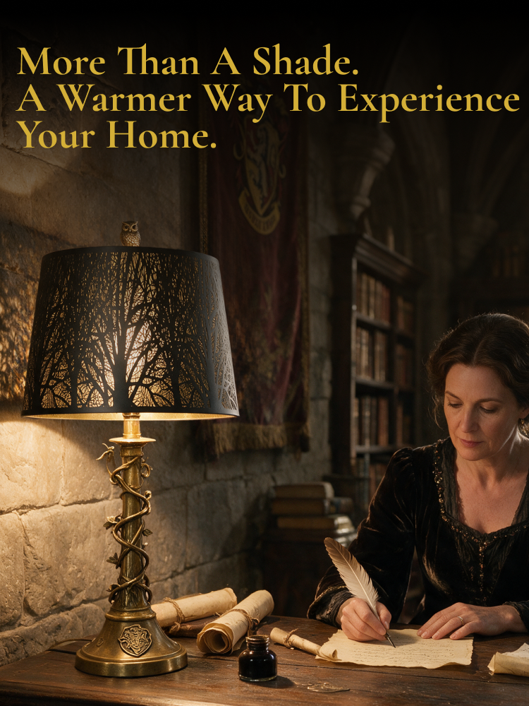 Large 12x14x10 drum metal lamp shade with etched tree patterns, casting warm ambient lighting in a vintage study room