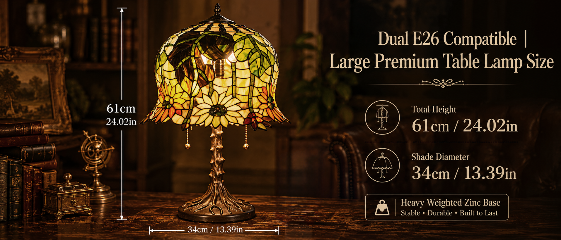Large E26 table lamp size guide showing 24 inch height and 13.39 inch shade diameter measurements