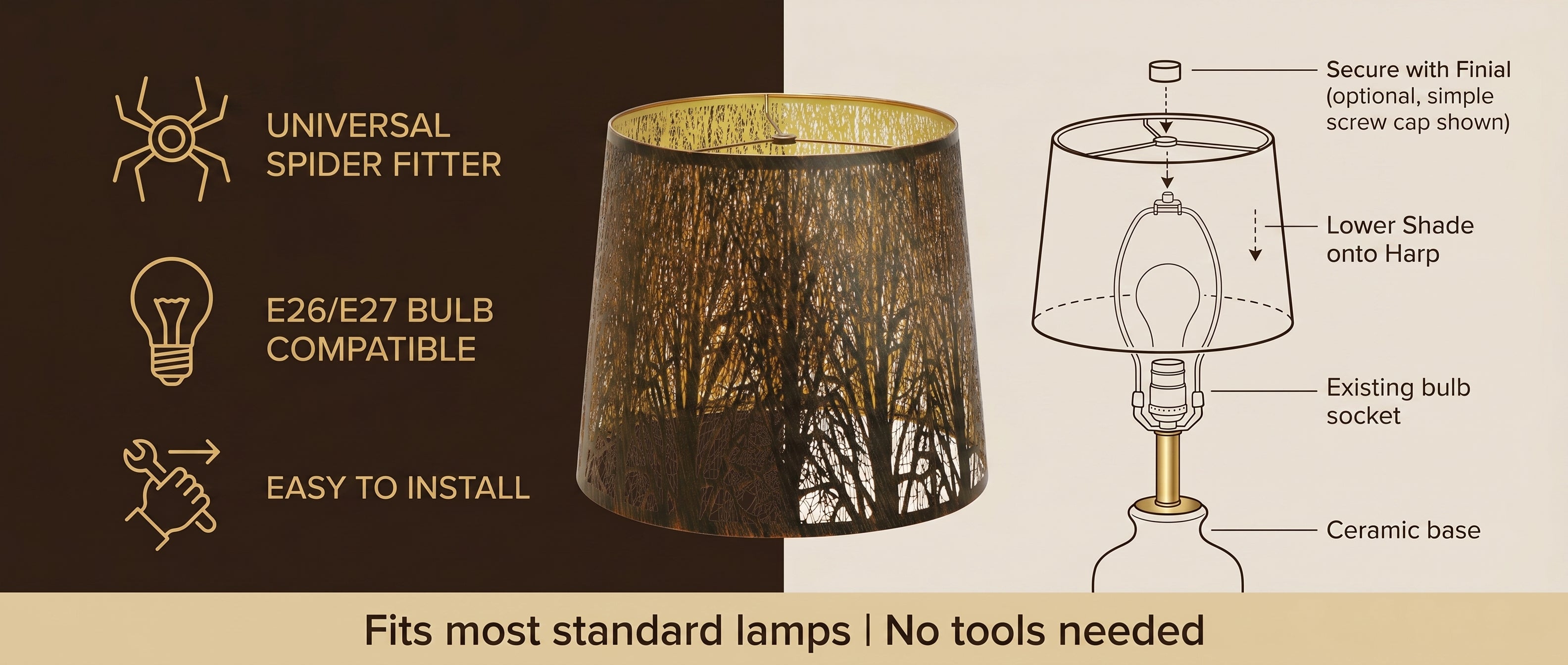`Large Forest Etched Metal Lamp Shade Compatibility and Installation Feature Banner - Left Side Dark Brown Textured Linen or Burlap Grain Pattern Panel with Three Gold Line Icon Illustrations and Gold Text: Top Icon - Spider or Cross-Shaped Fitter Diagram with Six Legs - UNIVERSAL SPIDER FITTER - Middle Icon - Standard Light Bulb (A-Shape or Pear Shape) with E26/E27 Screw Base Marking - E26/E27 BULB COMPATIBLE - Bottom Icon - Hand with Wrench or Tool Symbol with Arrow - EASY TO INSTALL - Center Three-Quarte
