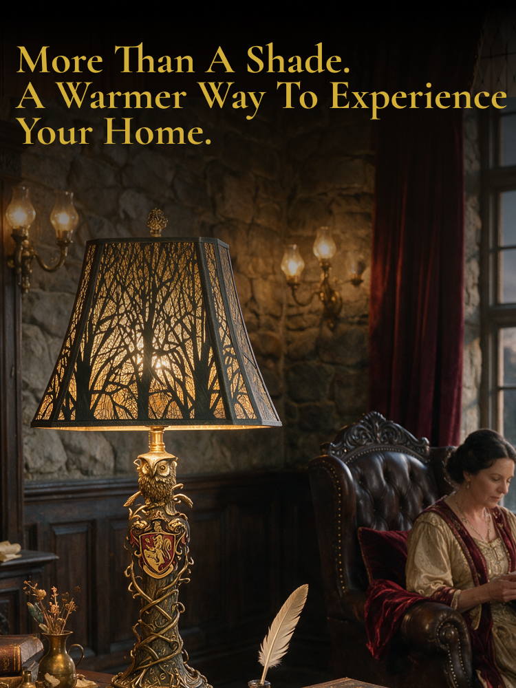 Large forest etched metal lamp shade with black exterior and gold interior, creating a warm glow in a vintage interior.
