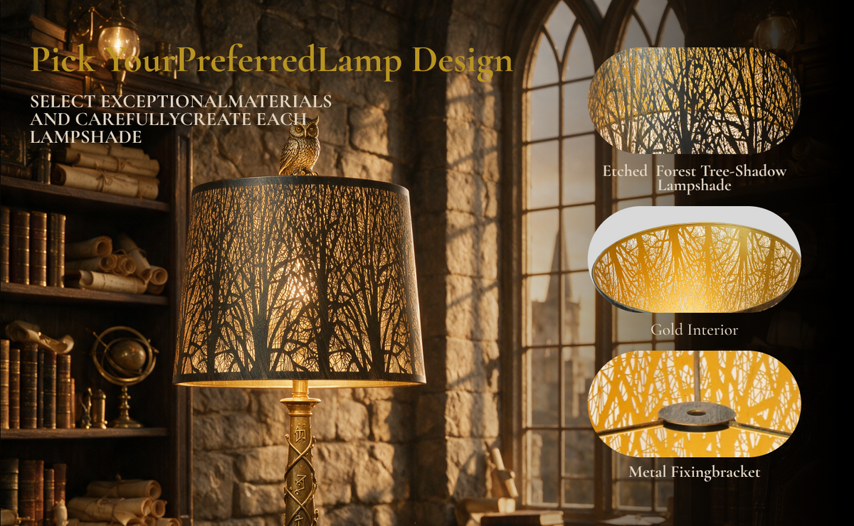 Large forest etched metal lampshade detail view showing the etched forest pattern, gold interior and spider fitter structure.