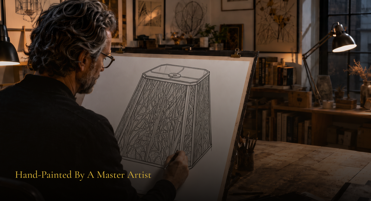 Handcrafted Large Forest Etched Metal Lampshade featuring hand-painted tree branch patterns and artistic metal detailing