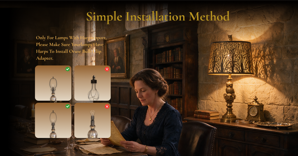 Large forest etched metal lampshade installation guide showing compatibility with lamps that use a harp support or adapter.