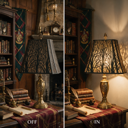 Large Forest Etched Metal Lampshade showing warm ambient lighting effect with black exterior and gold interior design