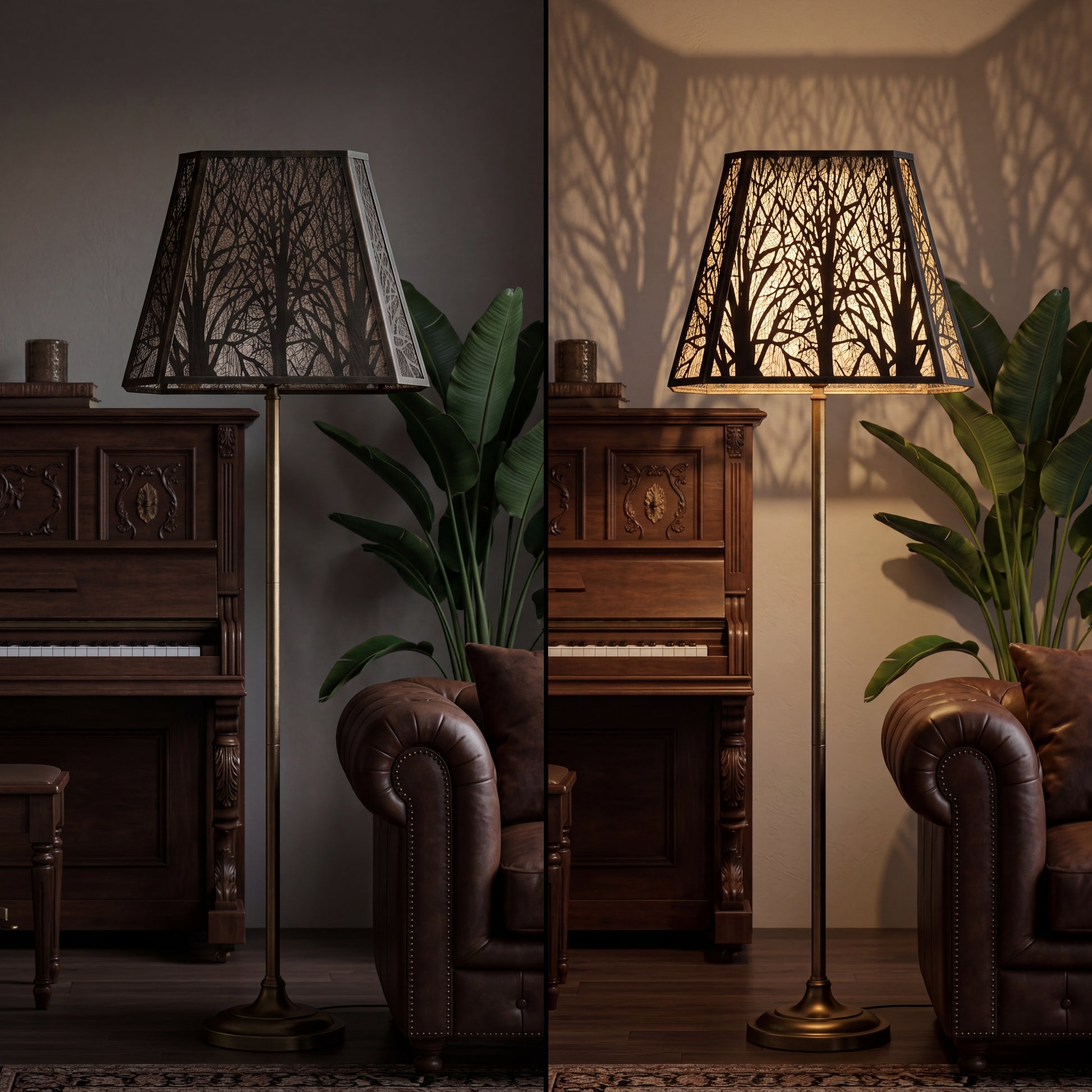 Large forest etched metal lampshade on and off comparison, black exterior gold interior tree pattern, replacement lamp shade for table lamp floor lamp chandelier