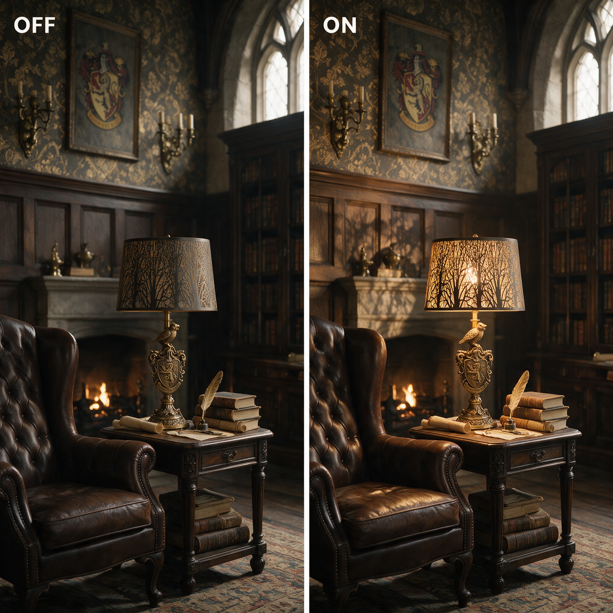 Large forest etched metal lampshade shown with the light off and on, creating a warm tree-shadow lighting effect.