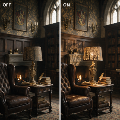 Large forest etched metal lampshade shown with the light off and on, creating a warm tree-shadow lighting effect.