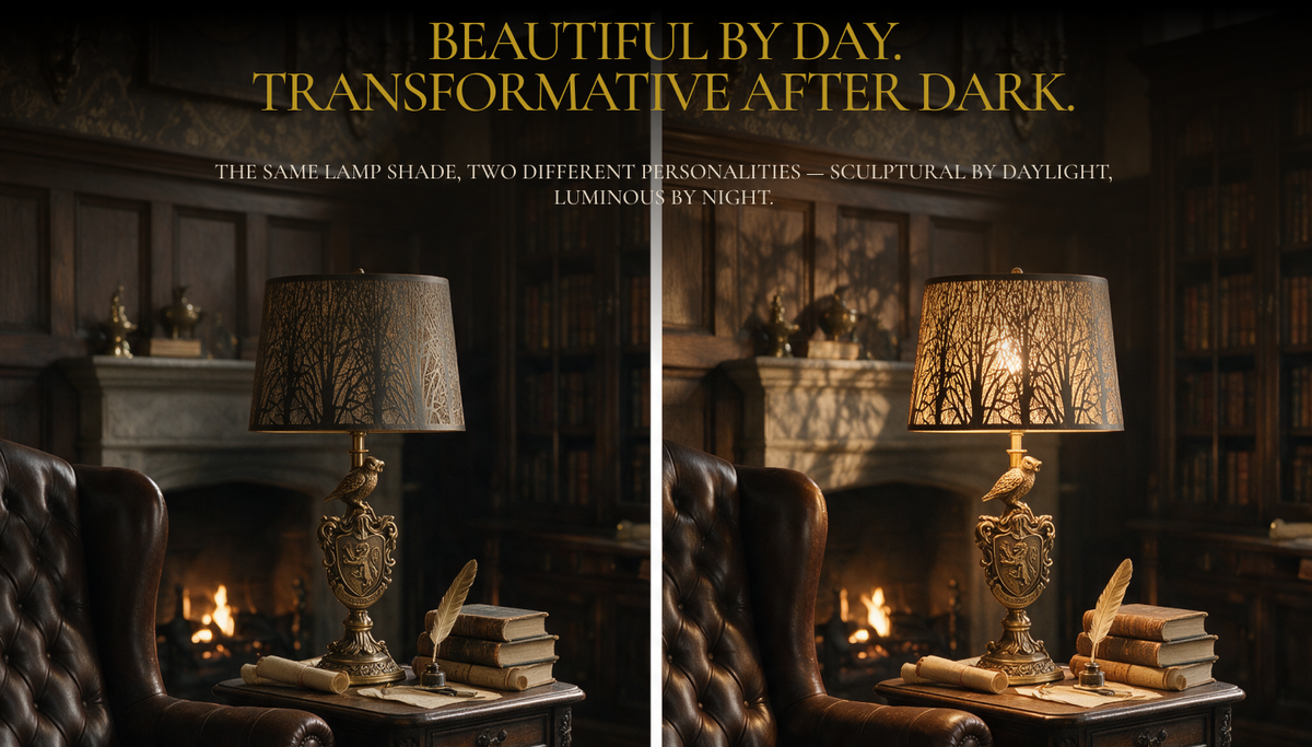 Large forest etched metal lampshade shown with the light off and on, creating a warm tree-shadow lighting effect.