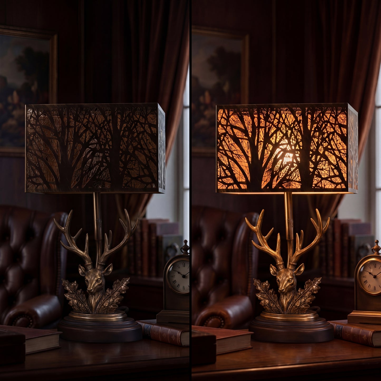 Large forest etched metal lampshade rectangular cube shape, on and off comparison, black exterior gold interior tree branch pattern on vintage deer antler table lamp