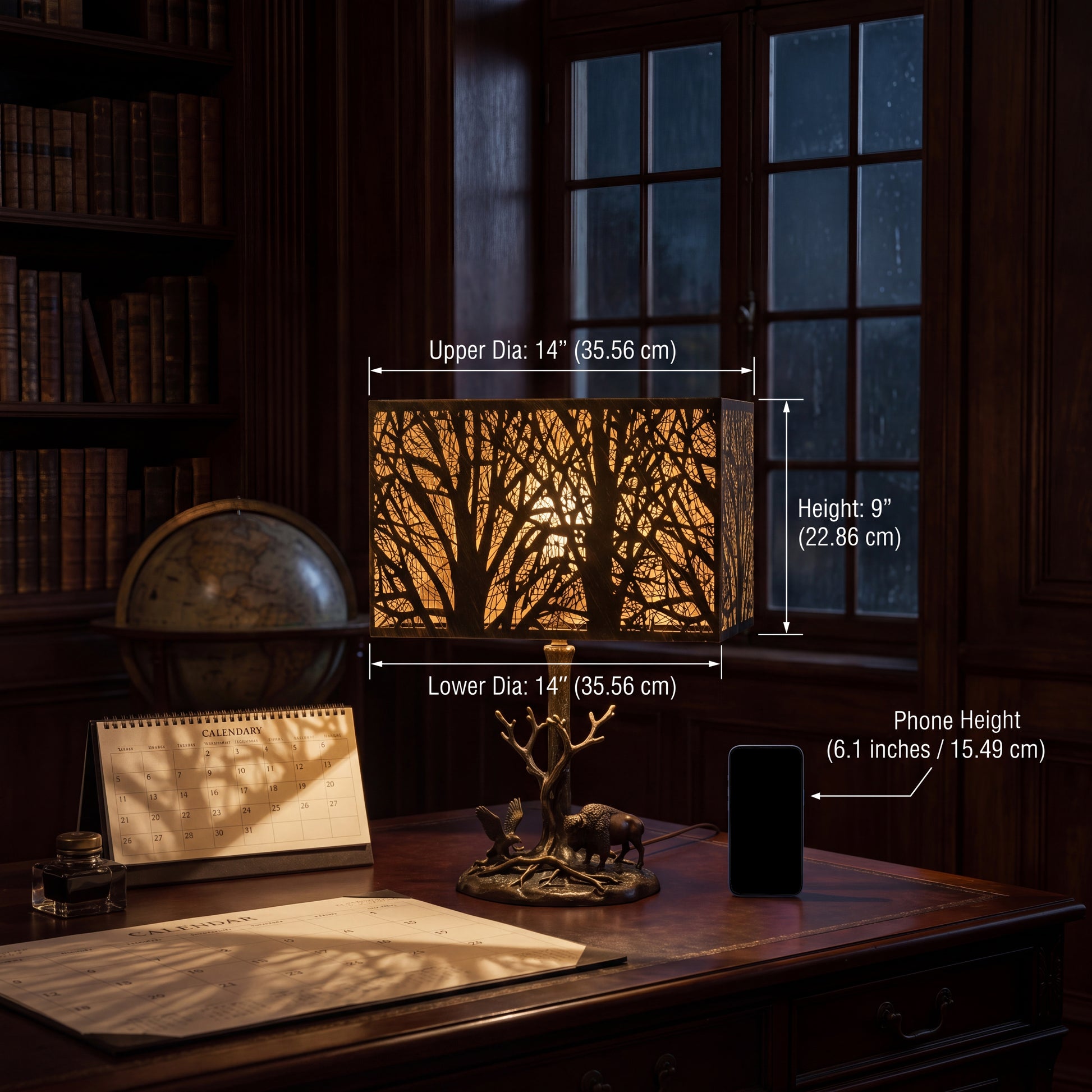 Large forest etched metal lampshade size chart 14 inch upper x 14 inch lower x 9 inch height, 35.56cm x 22.86cm rectangular metal replacement lamp shade