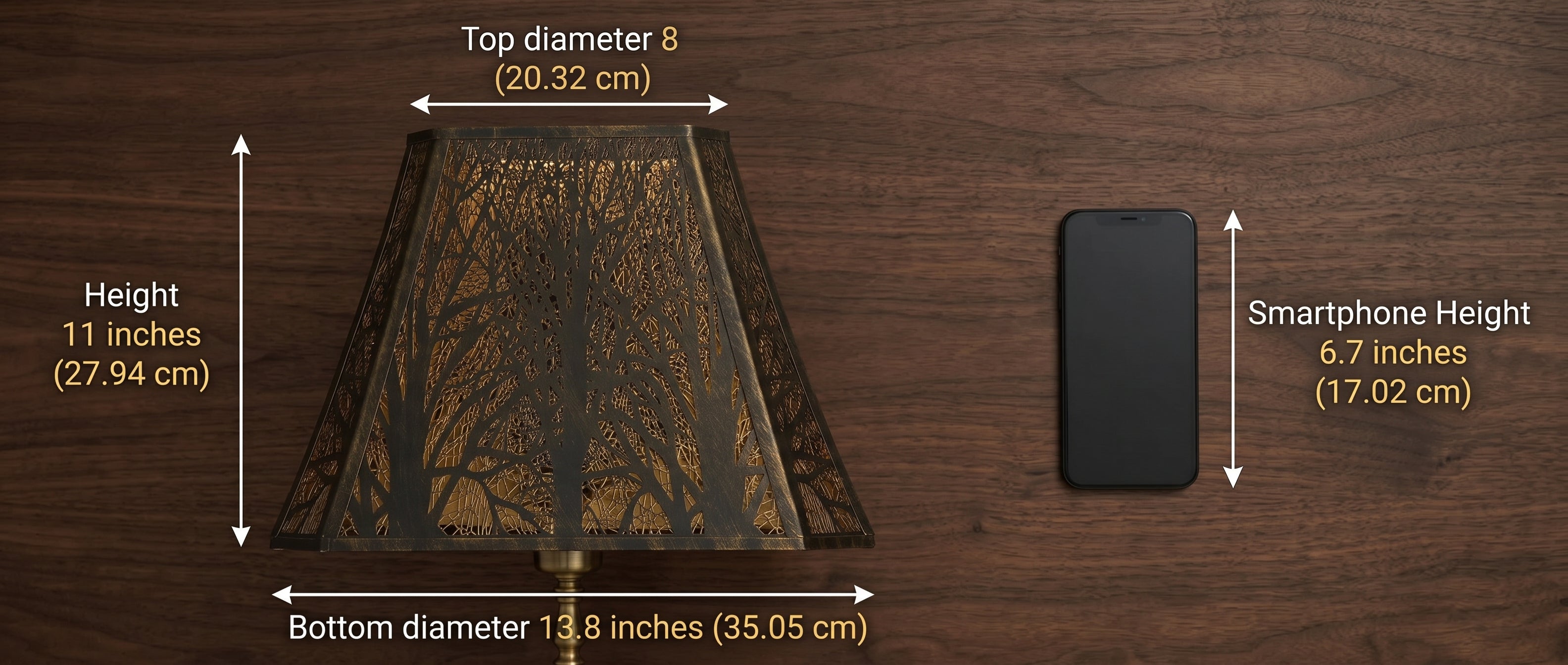 Large forest etched metal lampshade size chart 8 inch top diameter x 13.8 inch bottom diameter x 11 inch height, 20.32cm x 35.05cm x 27.94cm