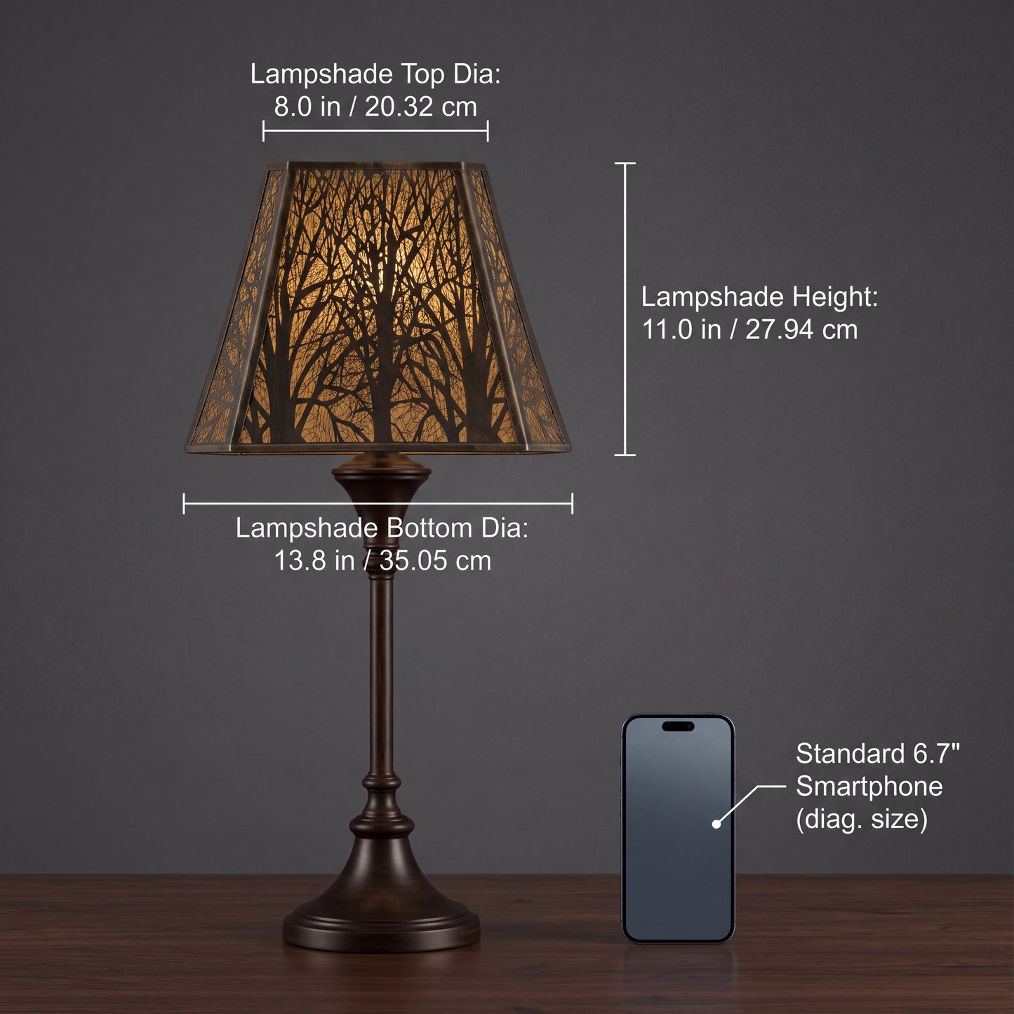 Large forest etched metal lampshade size chart 8 inch top x 13.8 inch bottom x 11 inch height, black exterior gold interior replacement lamp shade dimensions