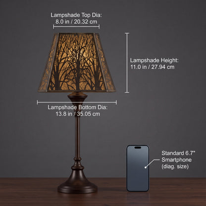 Large forest etched metal lampshade size chart 8 inch top x 13.8 inch bottom x 11 inch height, black exterior gold interior replacement lamp shade dimensions