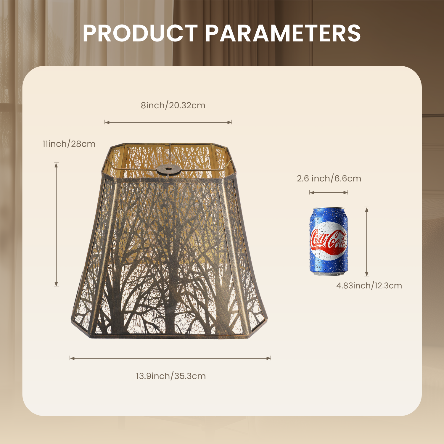 Large forest etched metal lampshade size reference showing 8 by 13.8 by 11 inch dimensions for fixture compatibility
