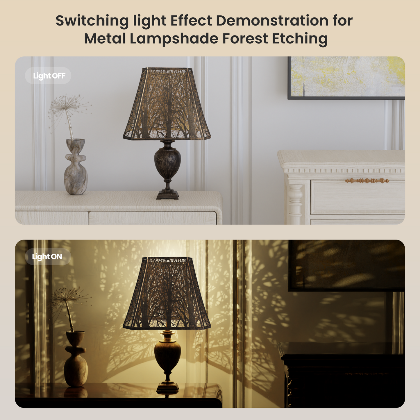 Large forest etched metal lampshade creating warm ambient glow with reflective gold interior lighting effect