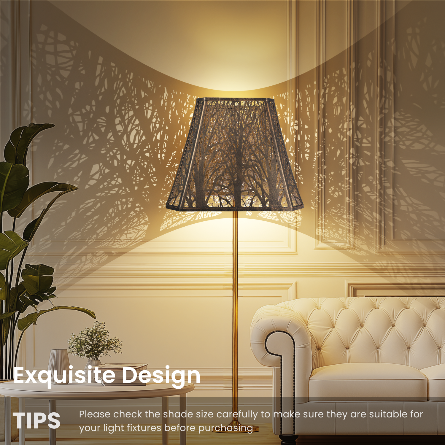 Large forest etched metal lampshade angled view showing decorative black and gold finish for statement lighting fixtures