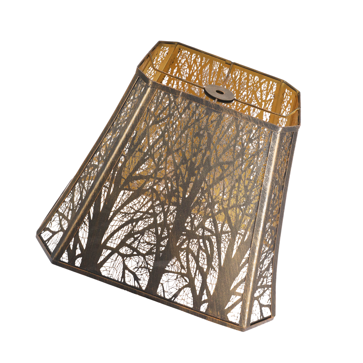 Large forest etched metal lampshade used in modern and rustic interiors creating elegant ambient lighting atmosphere