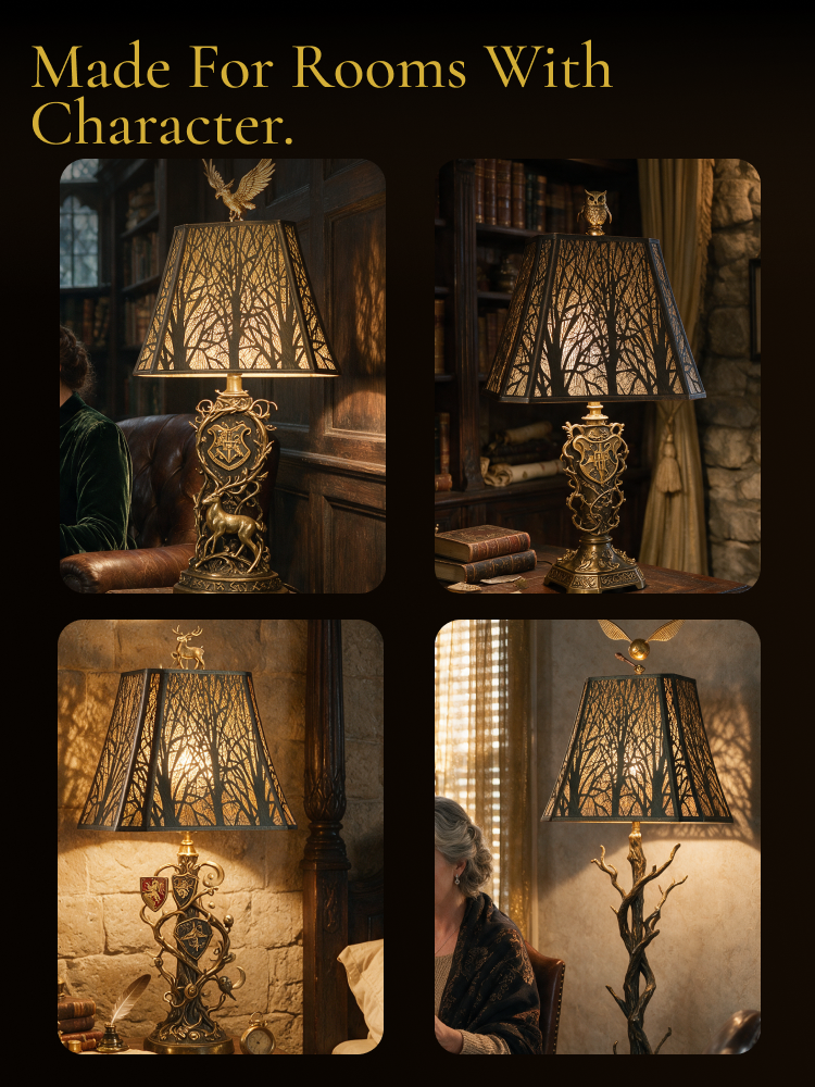 Large forest metal replacement lamp shade styled with different table lamps in vintage and traditional interiors.