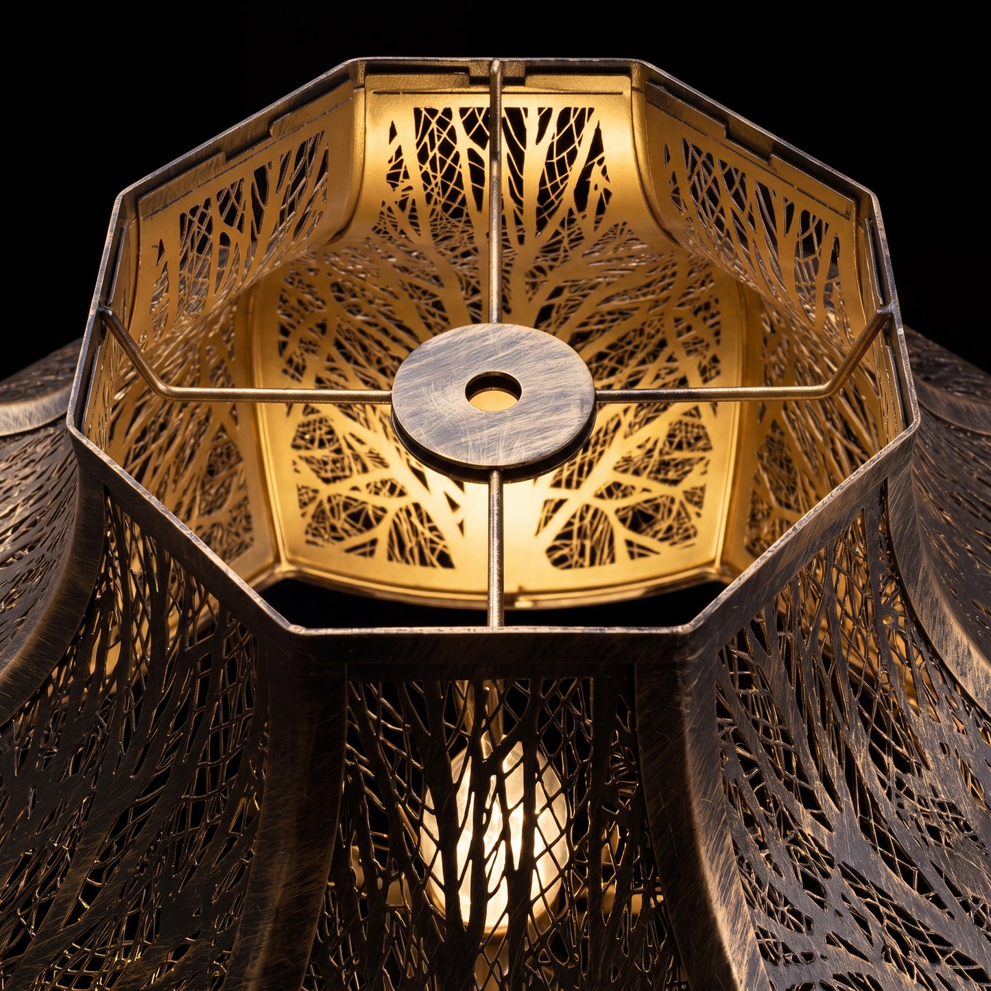 Large lotus etched metal lamp shade interior top view closeup, 8-petal lotus design with intricate tree branch pattern, antique bronze finish exterior with warm gold interior lining, metal cross frame spider fitter, statement chandelier and ceiling lighting replacement shade 17-inch height 435mm bottom edge