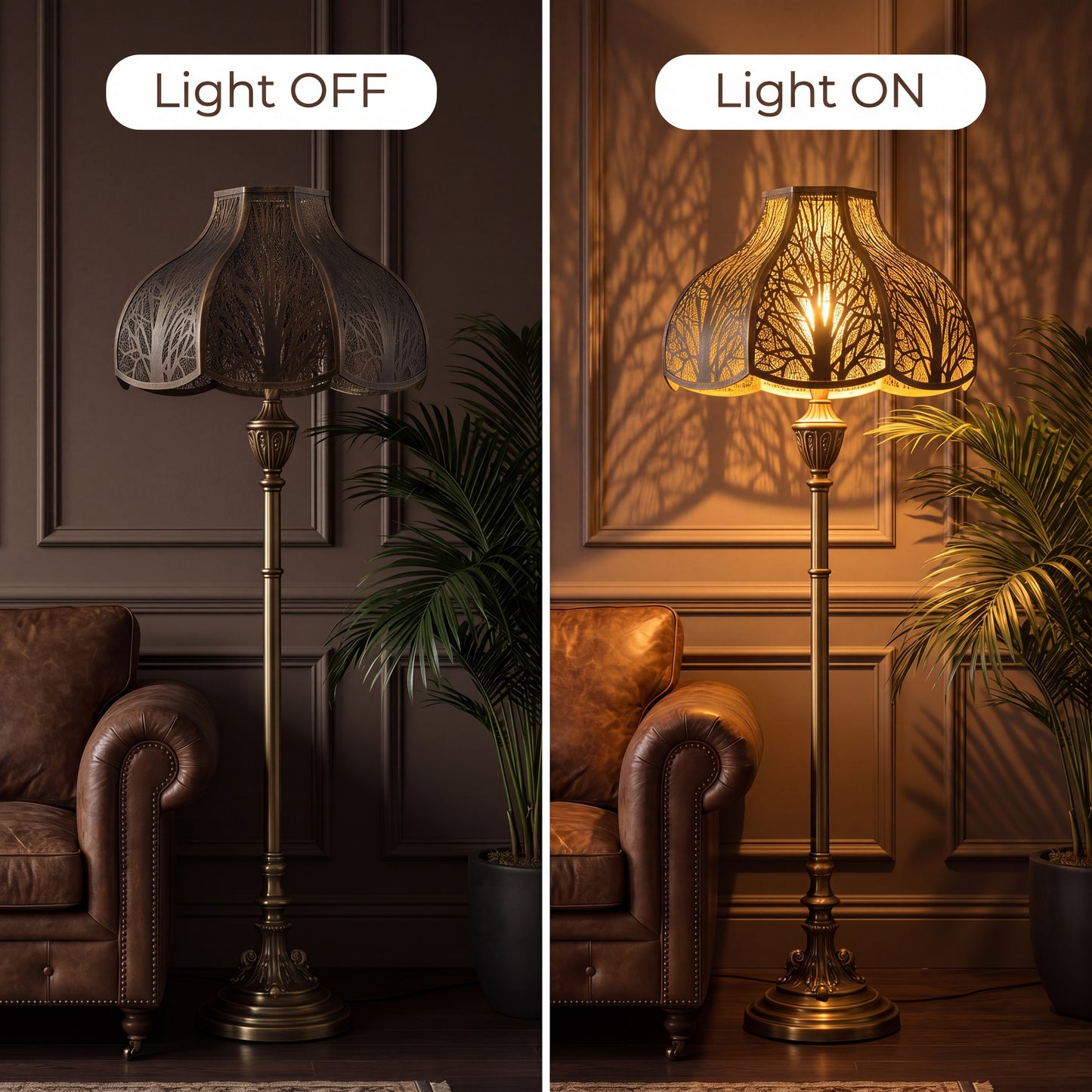 Large lotus etched metal lamp shade light off and light on comparison, 8-petal lotus bell shape antique bronze exterior gold interior, dramatic warm ambient glow and tree shadow casting on dark wood panel wall, statement floor lamp for entryway dining room vintage rustic interior spaces
