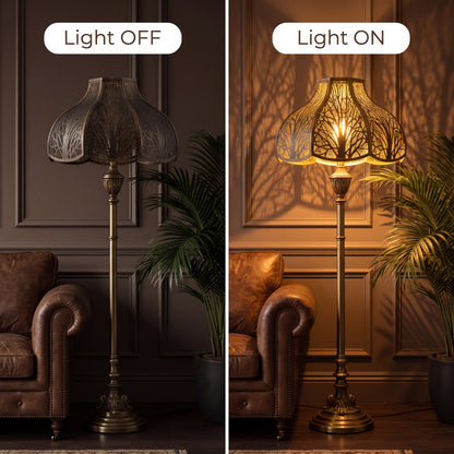 Large lotus etched metal lamp shade light off and light on comparison, 8-petal lotus bell shape antique bronze exterior gold interior, dramatic warm ambient glow and tree shadow casting on dark wood panel wall, statement floor lamp for entryway dining room vintage rustic interior spaces