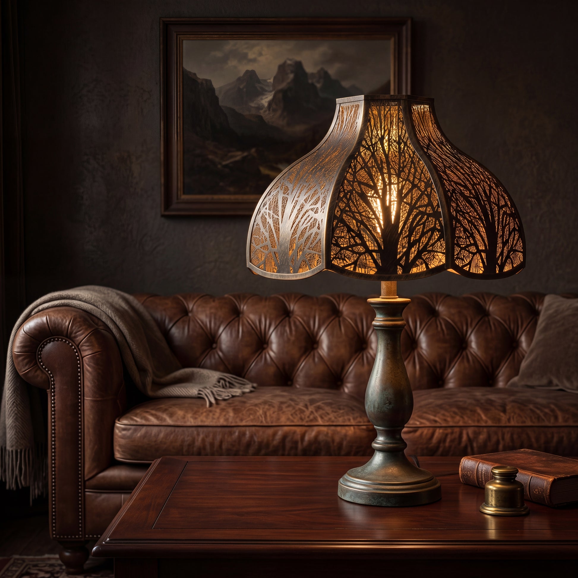Large lotus etched metal lamp shade on vintage brass pedestal table lamp, 8-petal bell shape antique bronze gold tree etching design, warm ambient glow lighting on wood coffee table, rustic vintage decorative living room with brown leather chesterfield sofa wool throw blanket and antique leather bound books