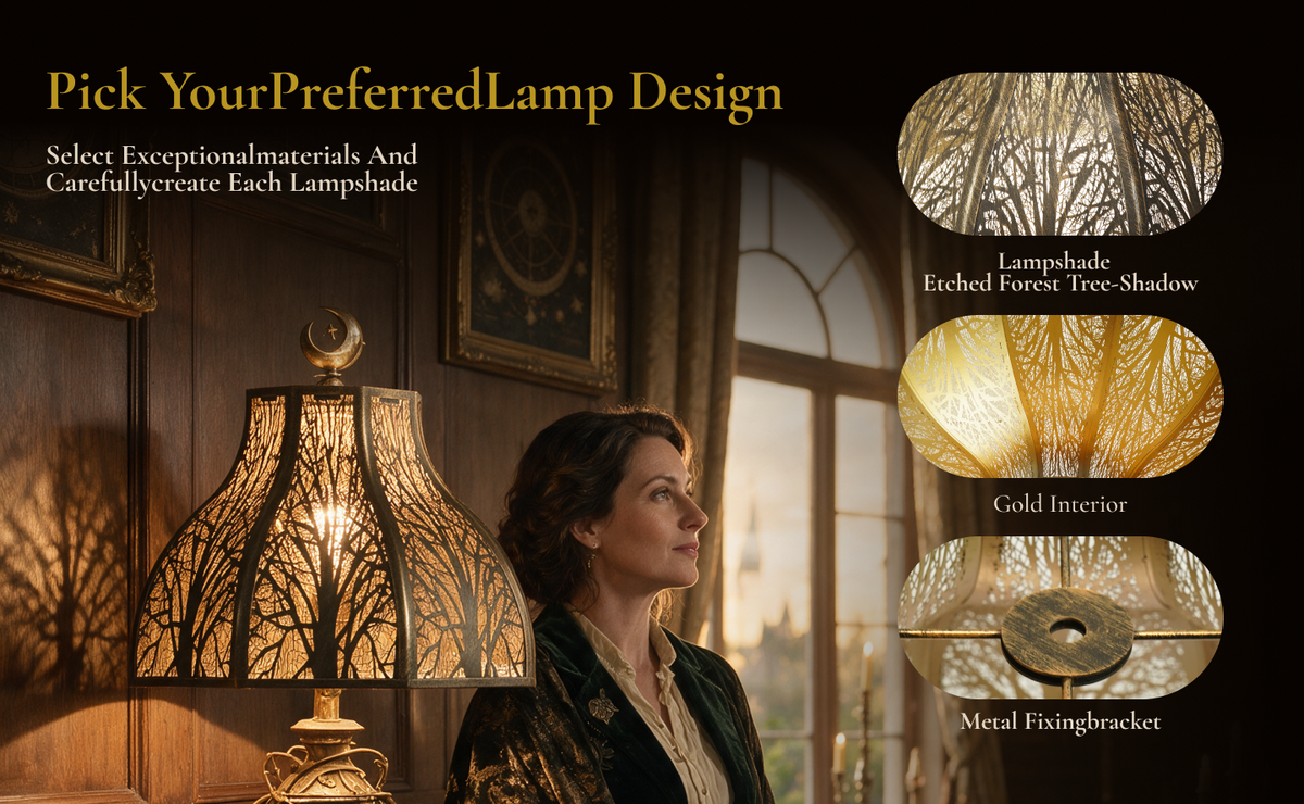 Large lotus metal lamp shade with forest cutout pattern, reflective gold interior and metal spider fitter construction.