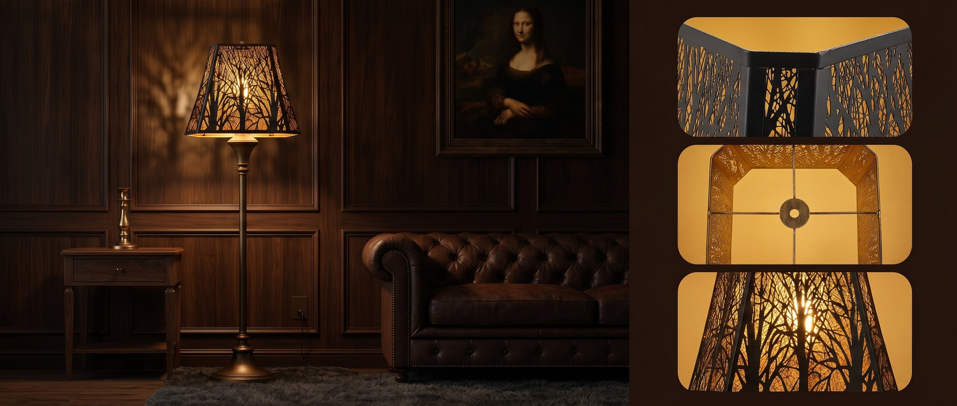 Large Rectangle Forest Etched Metal Lamp Shade - Left: Full View on Brass Floor Lamp in Dark Wood Paneled Living Room with Brown Tufted Chesterfield Leather Sofa, Framed Mona Lisa Painting, Brass Candlestick, Wood Side Table - Right Side Three Detail Close-Ups: Top Detail Showing Intricate Laser-Cut Bare Tree Branch Pattern at Shade Corner with Black Metal Exterior and Warm Gold Interior Glow - Middle Detail Showing Interior Spider Fitter Assembly for Easy Installation on Standard Lamp Bases - Bottom Detail