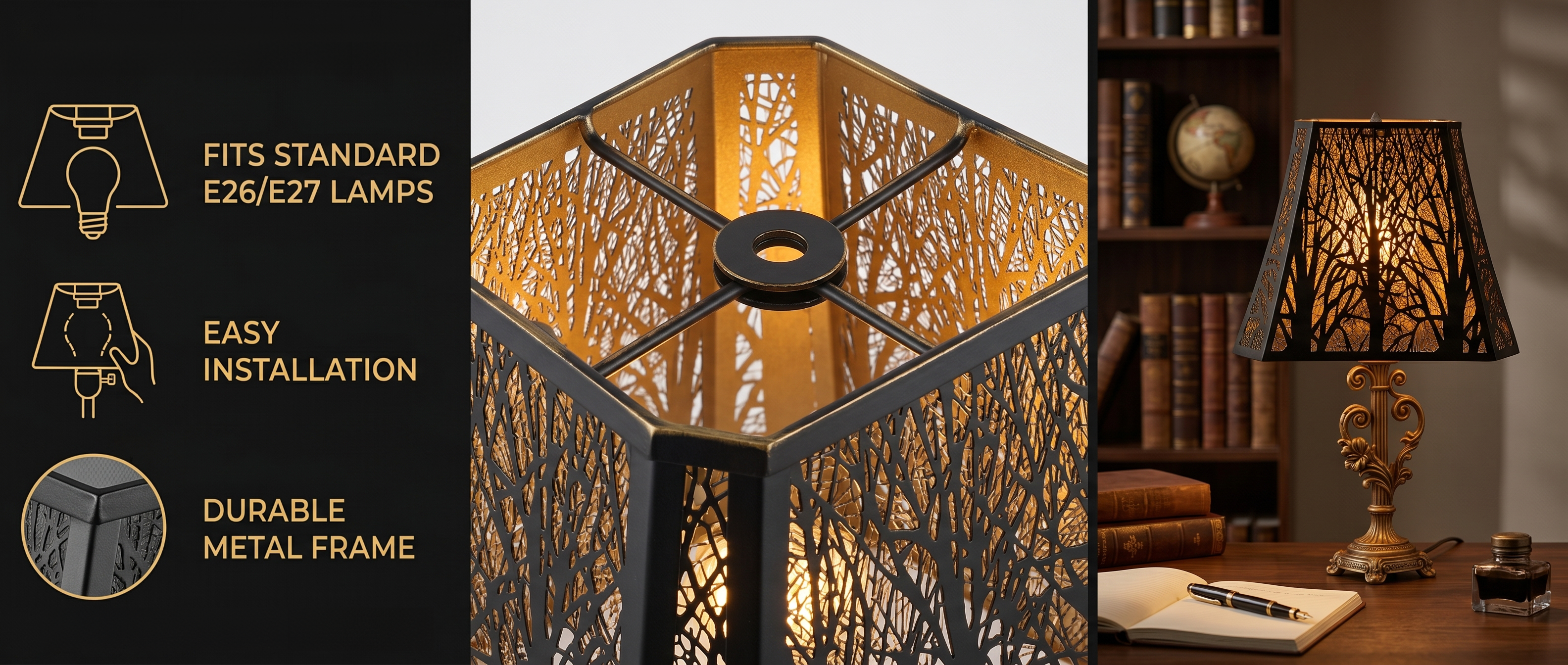 Large Rectangle Forest Etched Metal Lamp Shade - Product Compatibility and Installation - Left Black Panel with Three Gold Line Icon Illustrations and Text: Top Icon Bulb with Spider Fitter Diagram - FITS STANDARD E26/E27 LAMPS - Middle Icon Hand Holding Shade with Harp - EASY INSTALLATION - Bottom Icon Corner of Metal Frame - DURABLE METAL FRAME - Center Image Close-Up Detail View from Above of Interior Spider Fitter Assembly with Warm Gold Reflective Inner Wall Glowing Through Laser-Cut Winter Tree Filigr
