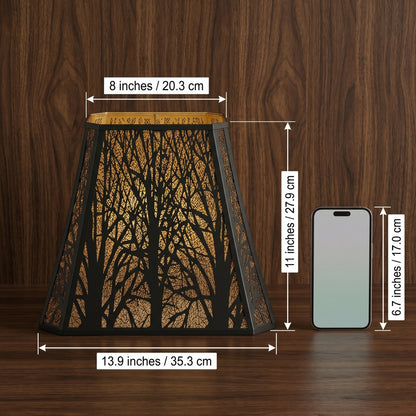 Large Rectangle Forest Etched Metal Lamp Shade Size Reference Chart - Dimensions: Top Diameter 8 inches (20.3cm), Bottom Diameter 13.9 inches (35.3cm), Height 11 inches (27.9cm) - Compared to Standard 6.7 inch Smartphone (17.0cm) - Black Metal Laser-Cut Forest Tree Branch Pattern with Warm Gold Interior Glow - Shown on Polished Wood Background - 8"x13.9"x11" Large Rectangle Replacement Lamp Shade with Standard Fitter for Floor Lamps, Table Lamps, Statement Lighting Fixtures, Decorative Lighting for Warm Amb