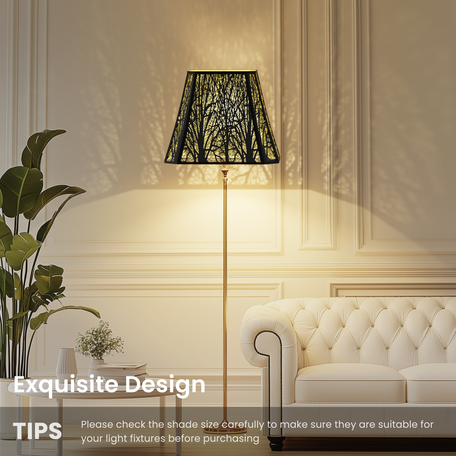 Large rectangle forest etched lamp shade with warm gold interior lighting for statement floor lamp fixtures