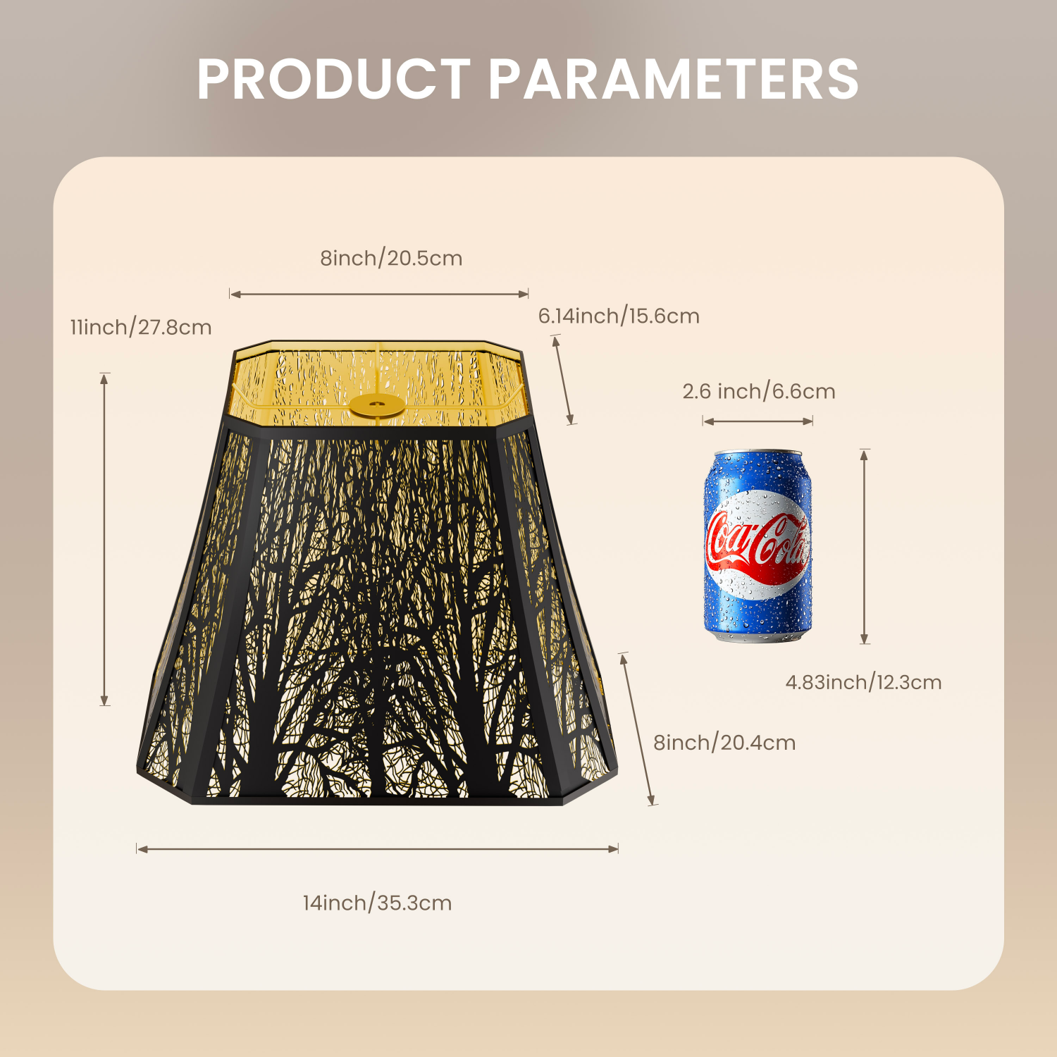 Large rectangle forest etched lamp shade used in modern and vintage style home interior lighting décor