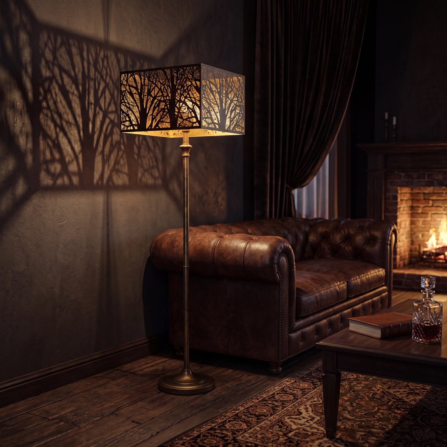 Large rectangular forest etched metal lamp shade on brass floor lamp, tree branch pattern casting warm ambient shadow, rustic vintage living room with fireplace